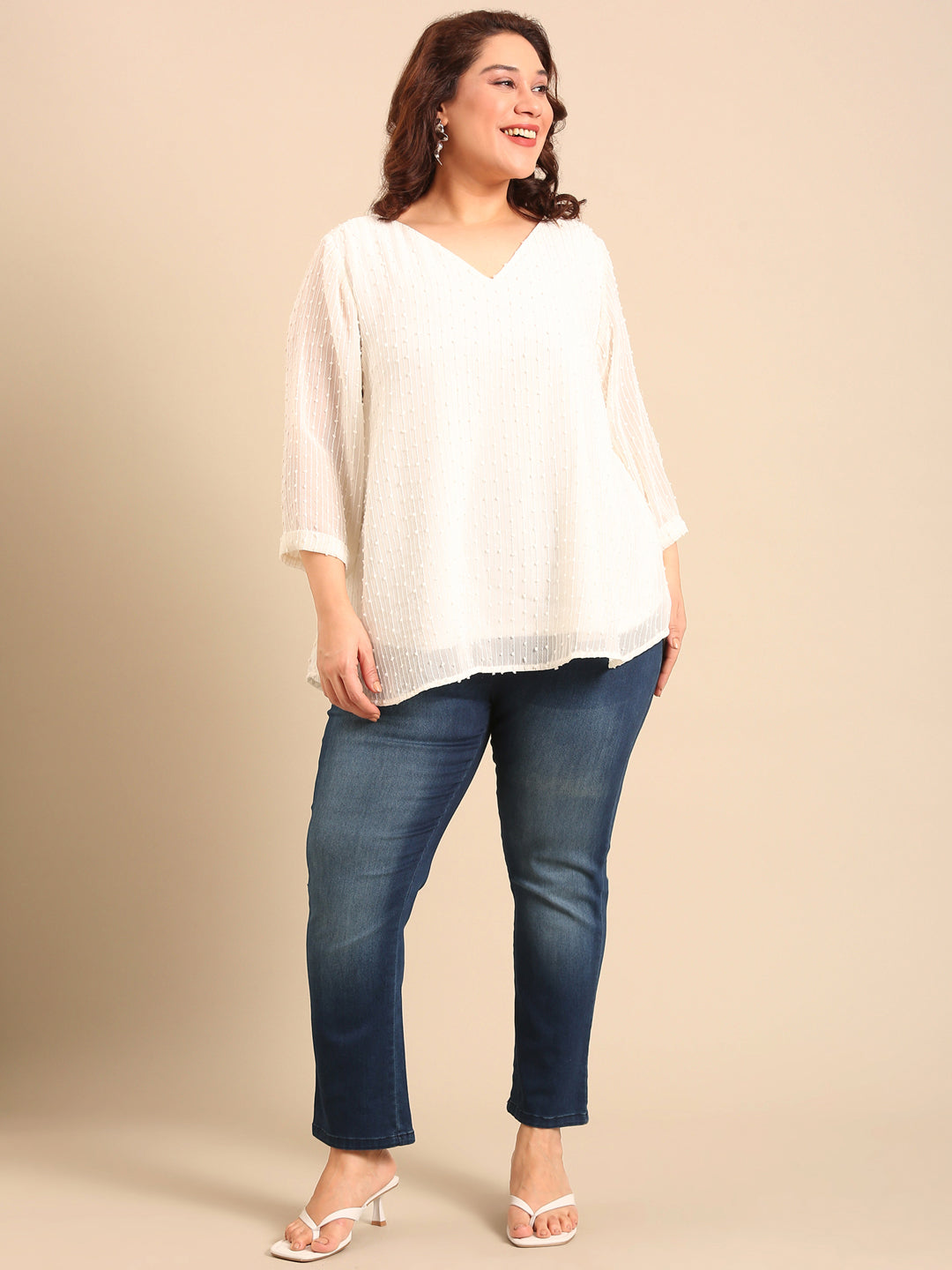 Elegant White Embroidered Top with Navy Jeans (2 Piece)