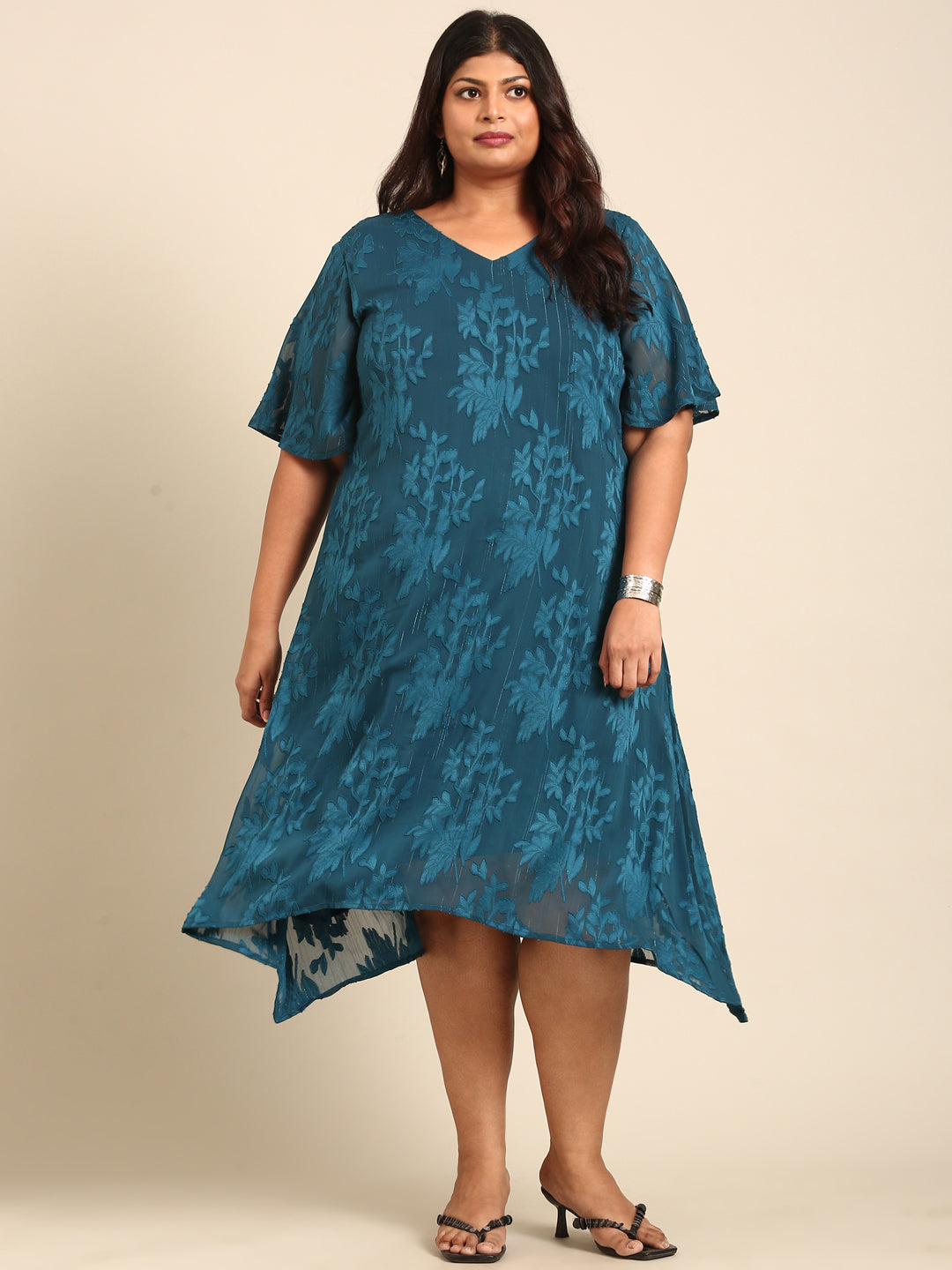 Teal Floral Jacquard A-Line Dress