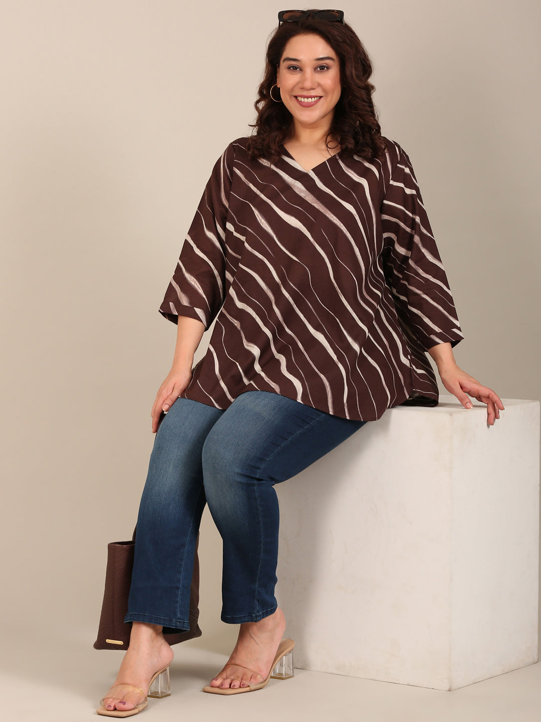 Brown Abstract V Neck Top
