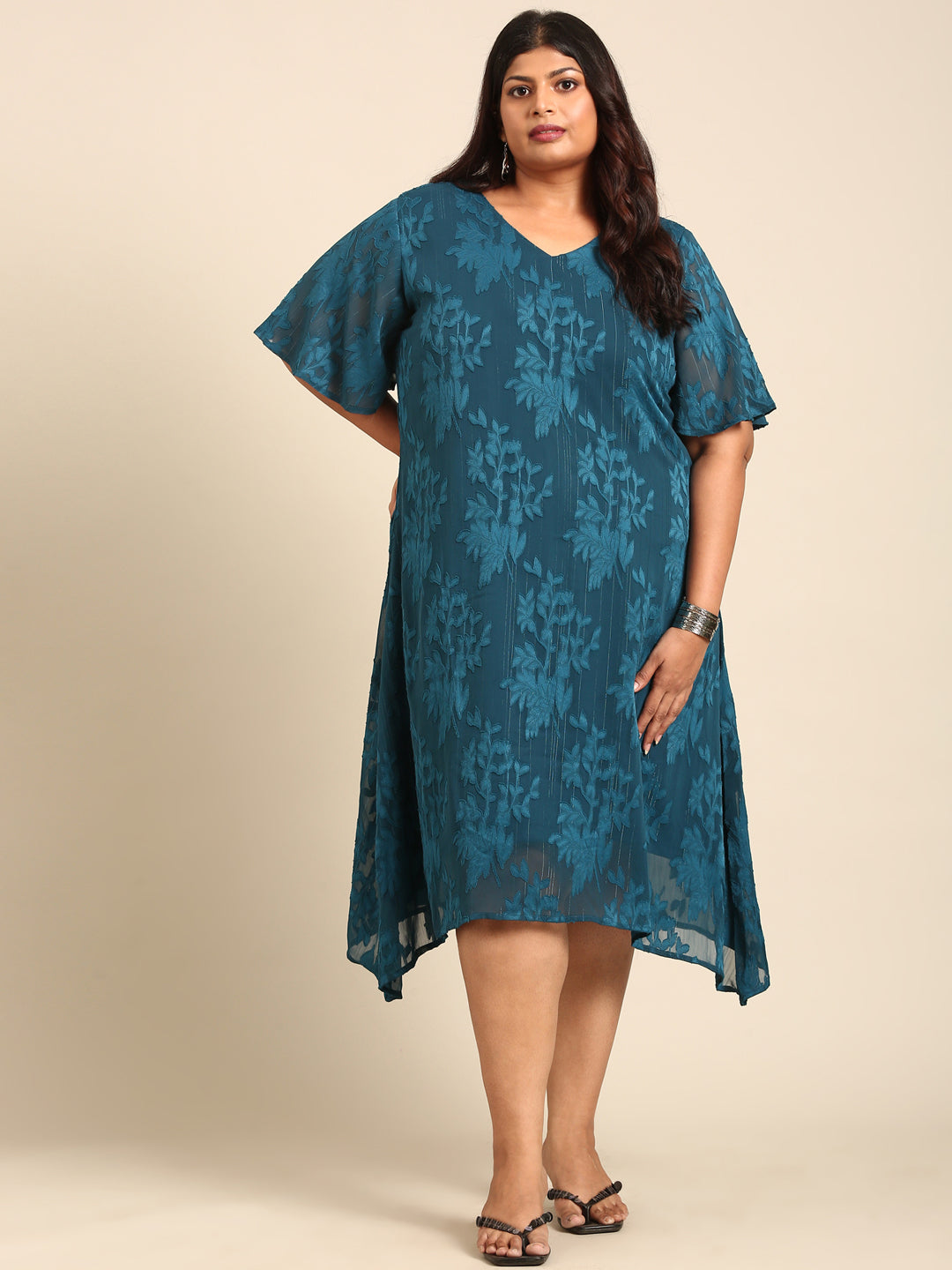 Teal Floral Jacquard A-Line Dress