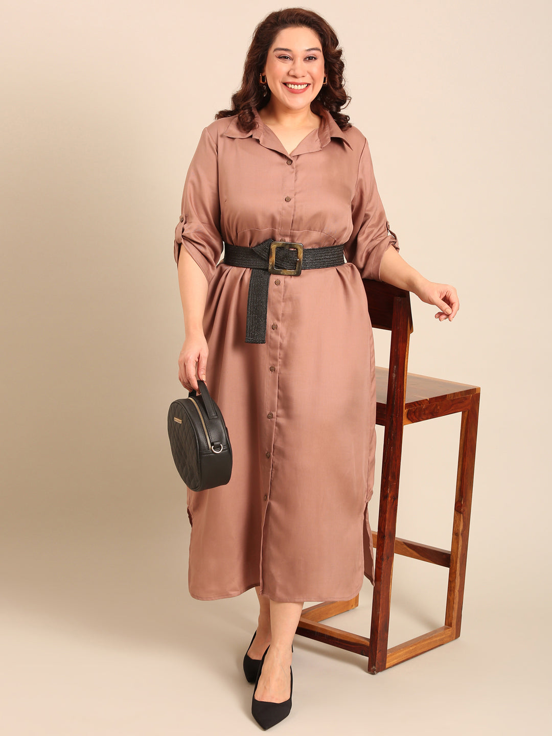 Beige Twill Maxi Shirt Dress With Black Belt Combo