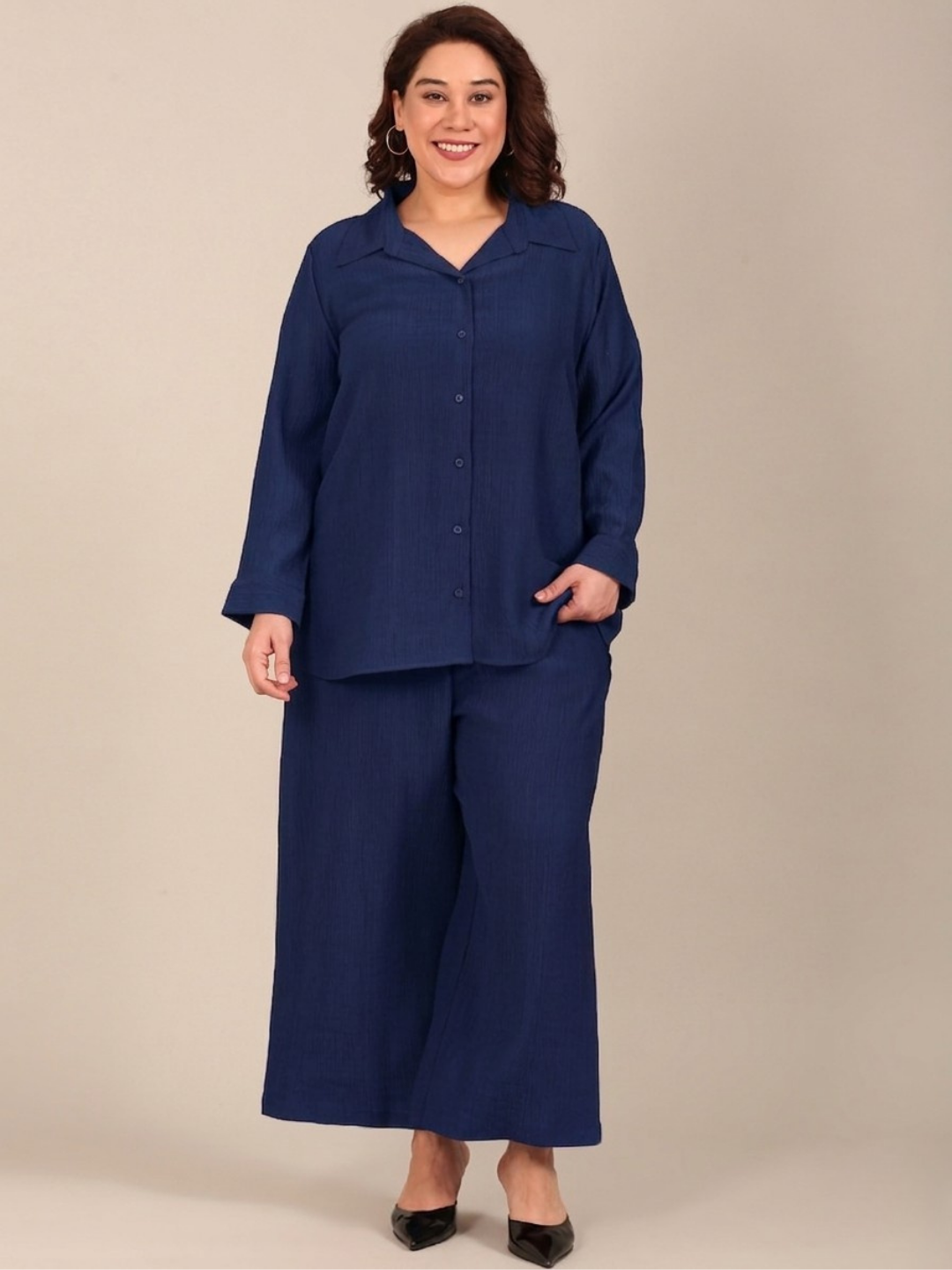 Navy Crepe Button-Down Shirt