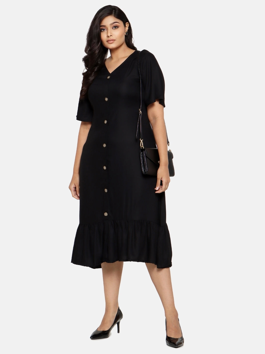 BLACK A LINE DRESS WITH BUTTONS
