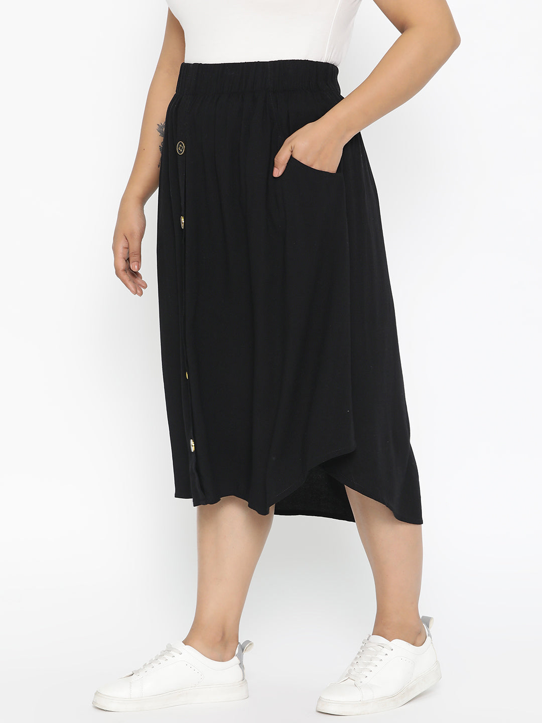 BLACK A LINE SKIRT WITH BUTTONS