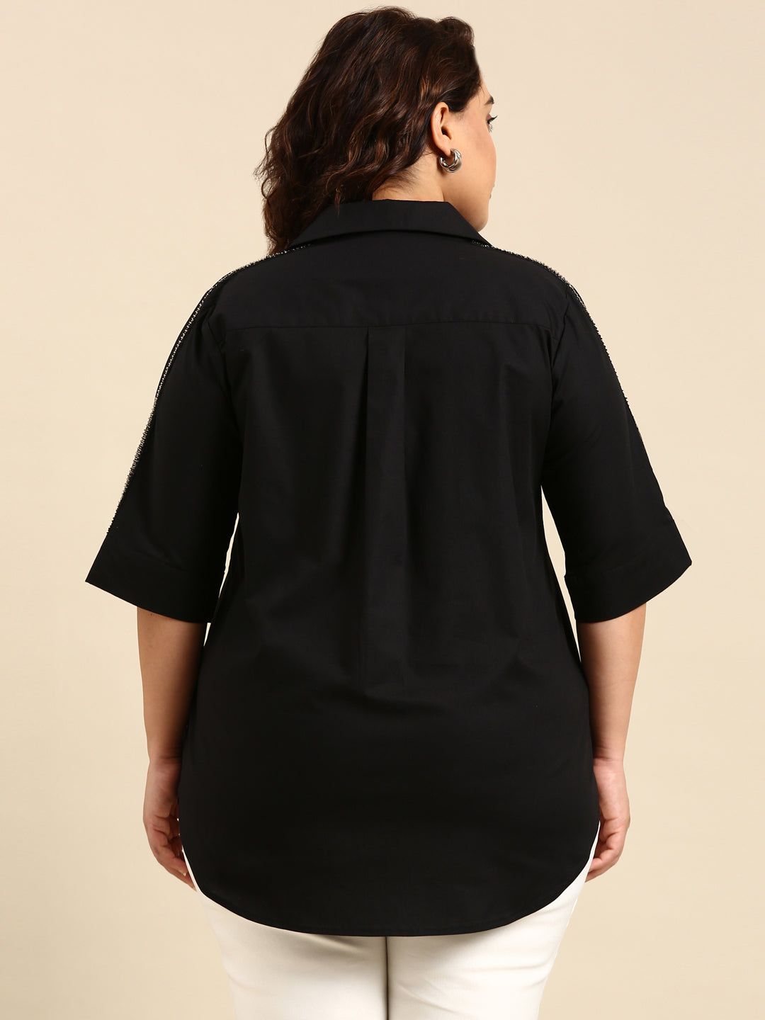BLACK CASUAL SHIRT WITH LACE EMBELLISHMENT