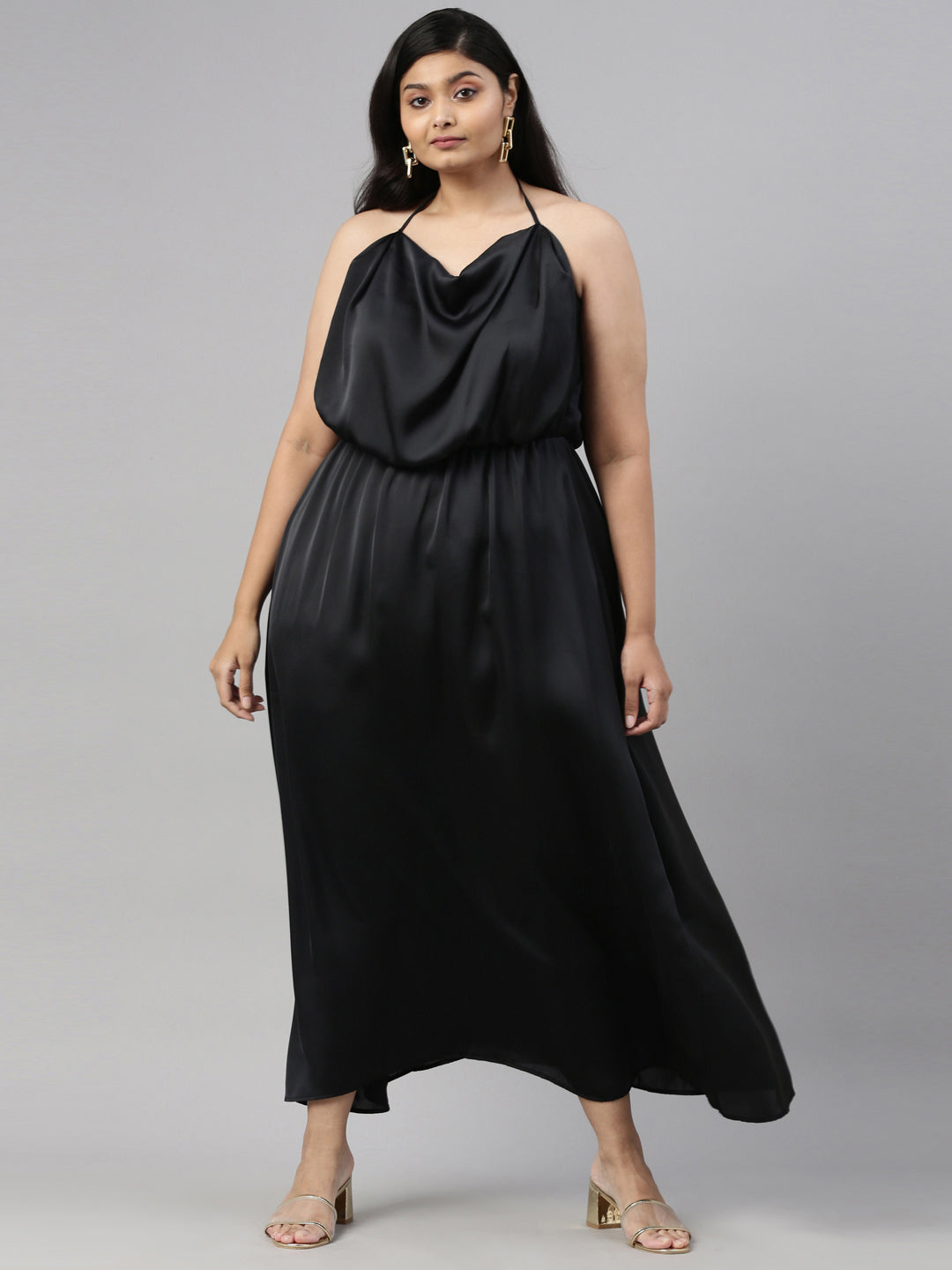 BLACK SATIN HALTER DRESS