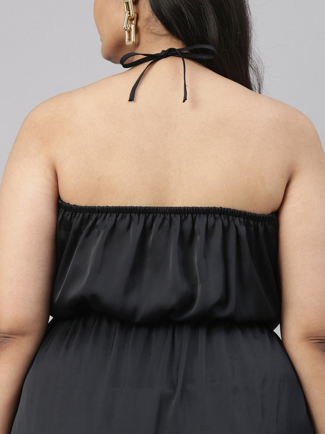 BLACK SATIN HALTER DRESS