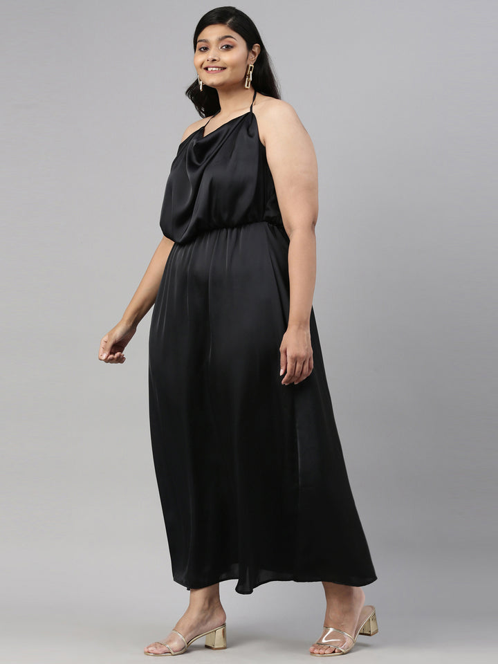 BLACK SATIN HALTER DRESS