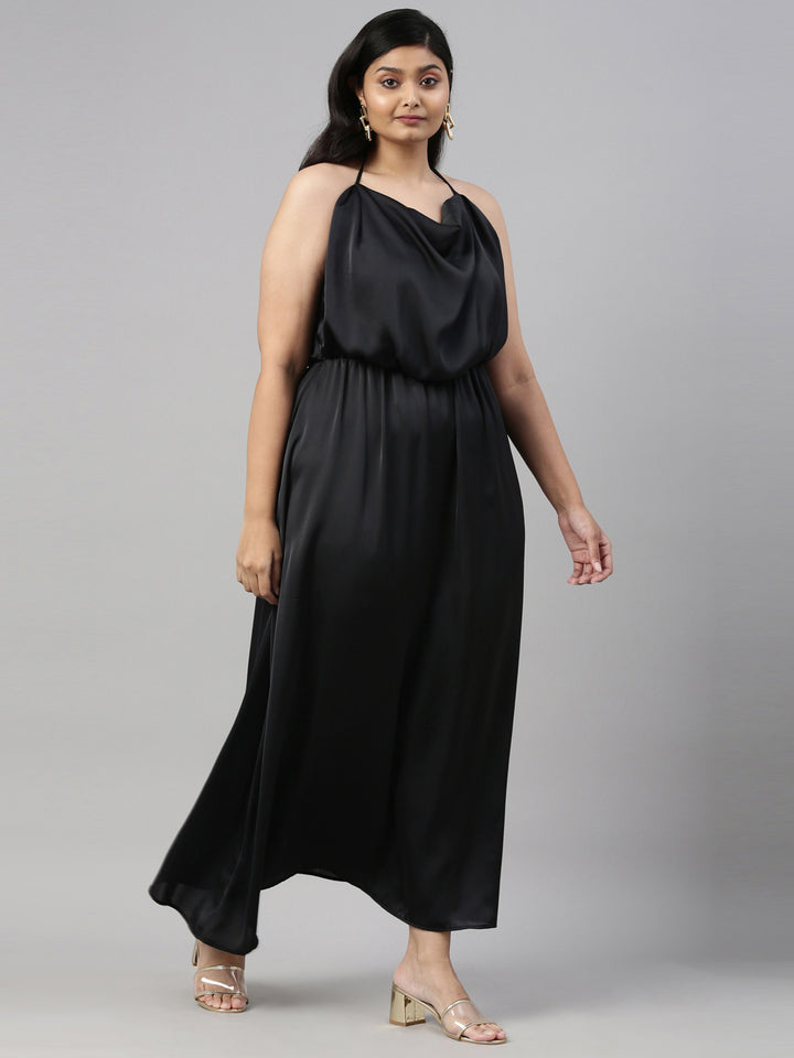 BLACK SATIN HALTER DRESS