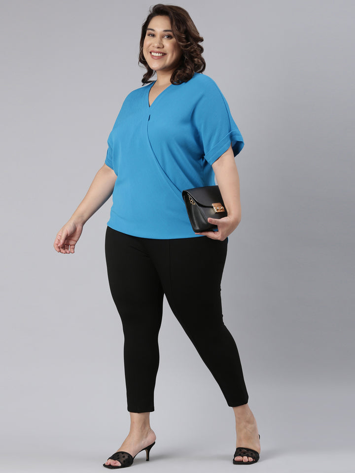 BLUE OVERLAP V-NECK TOP