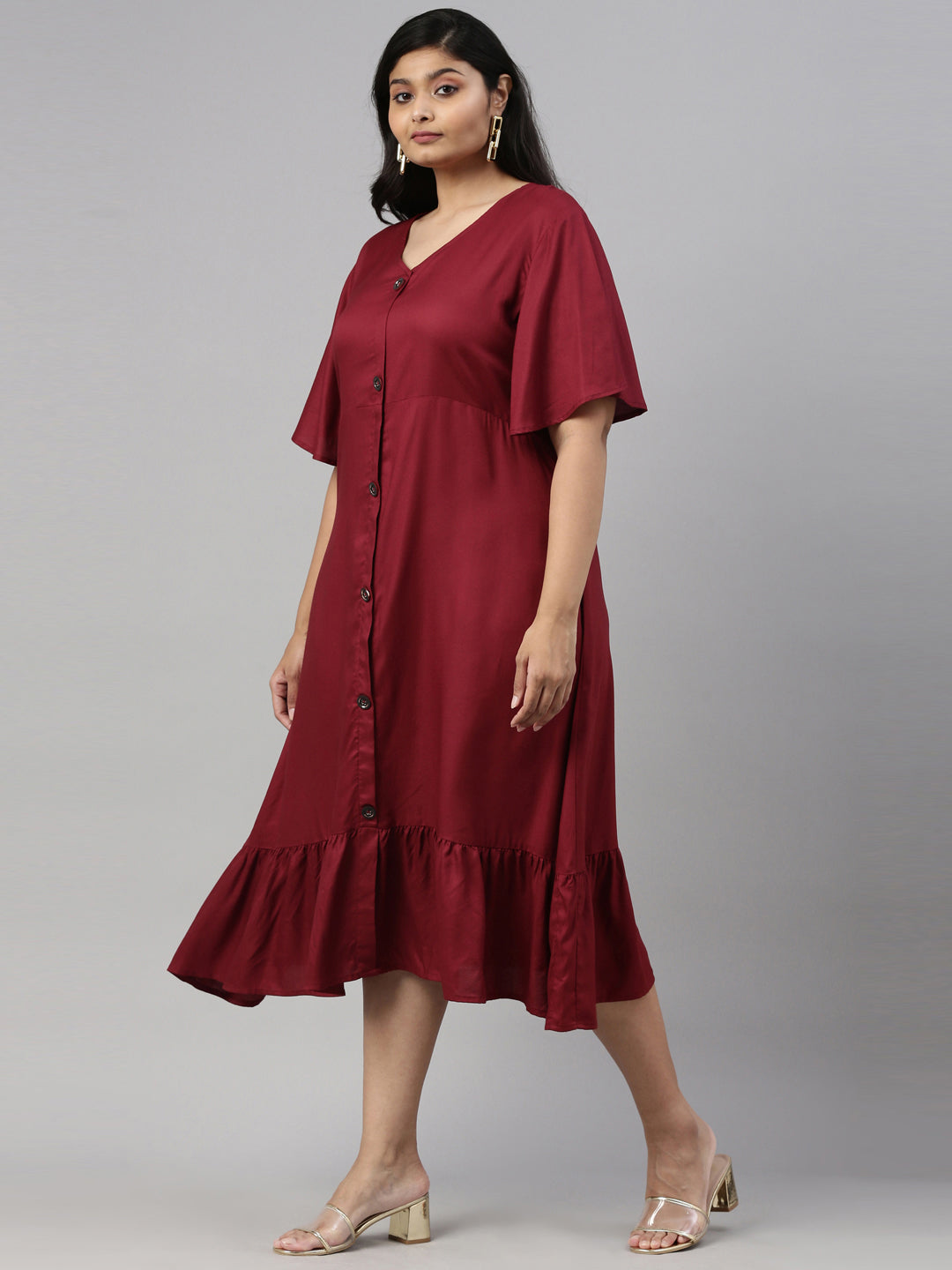 BURGUNDY MOSS CREPE BUTTON DOWN DRESS