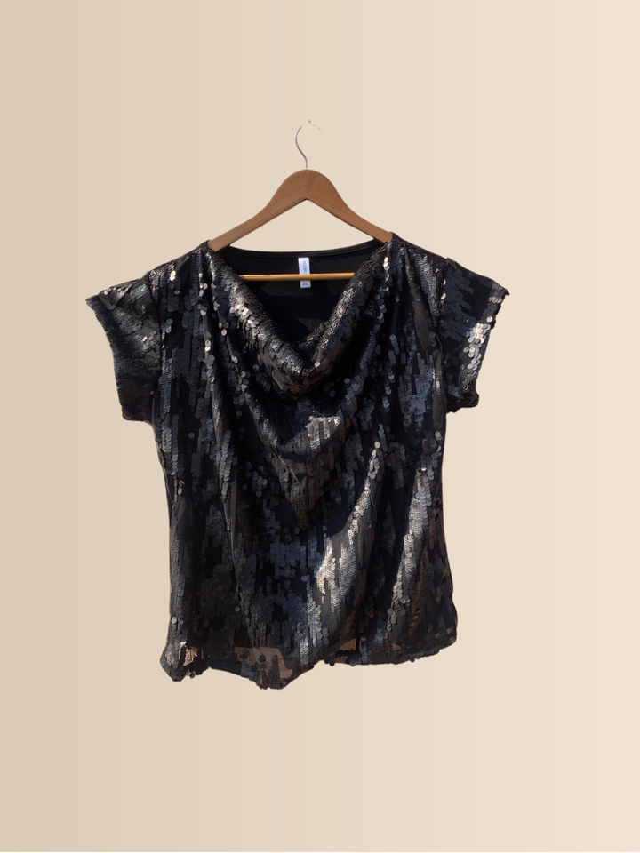 Black Sequin Cowl Neck Top