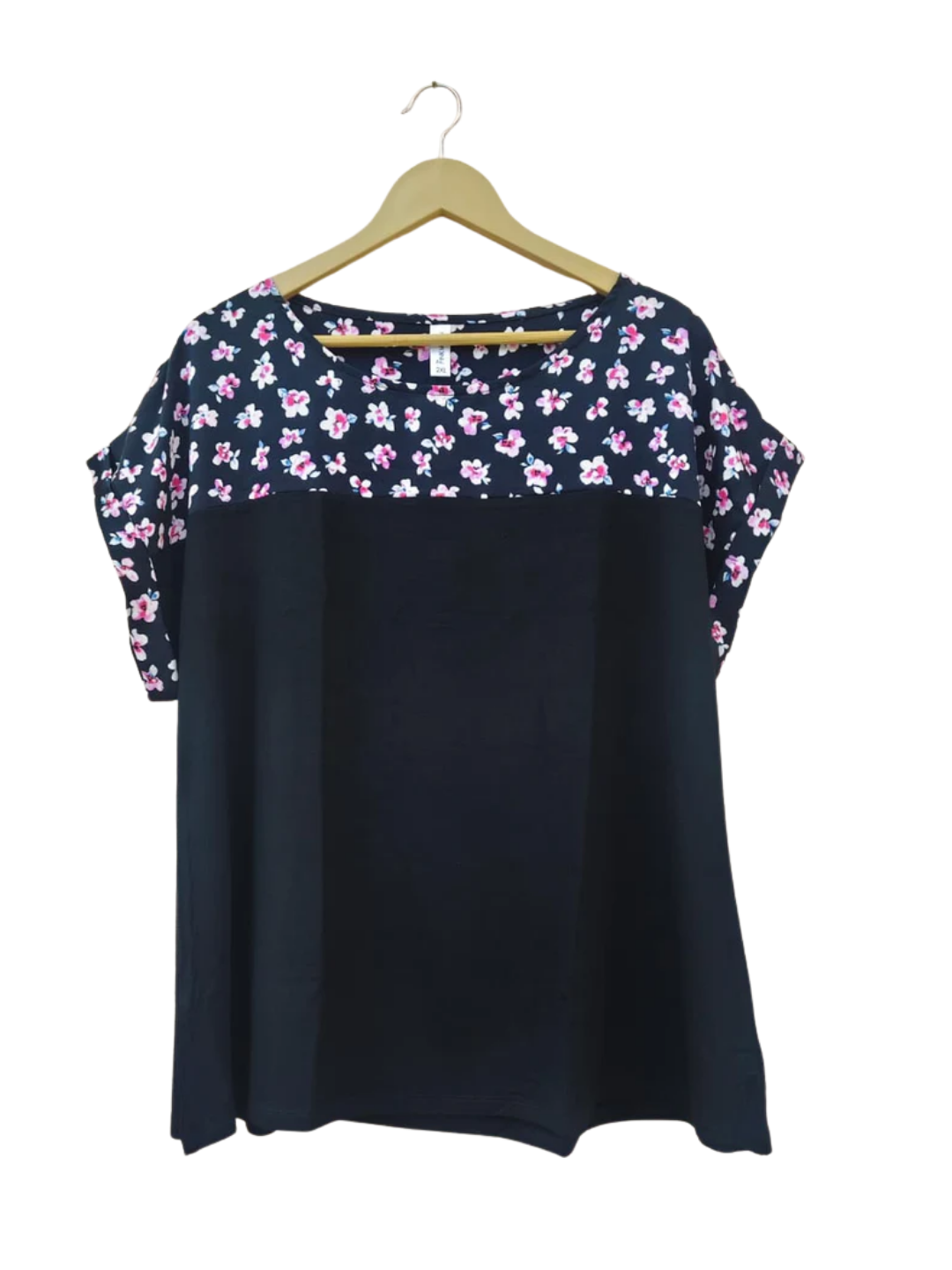 Black Floral Round Neck Top