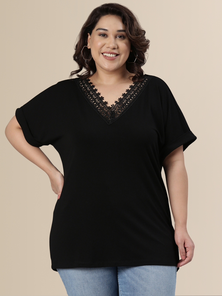 Black Jersey Lace Top