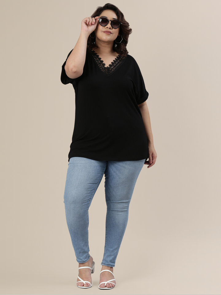 Black Jersey Lace Top