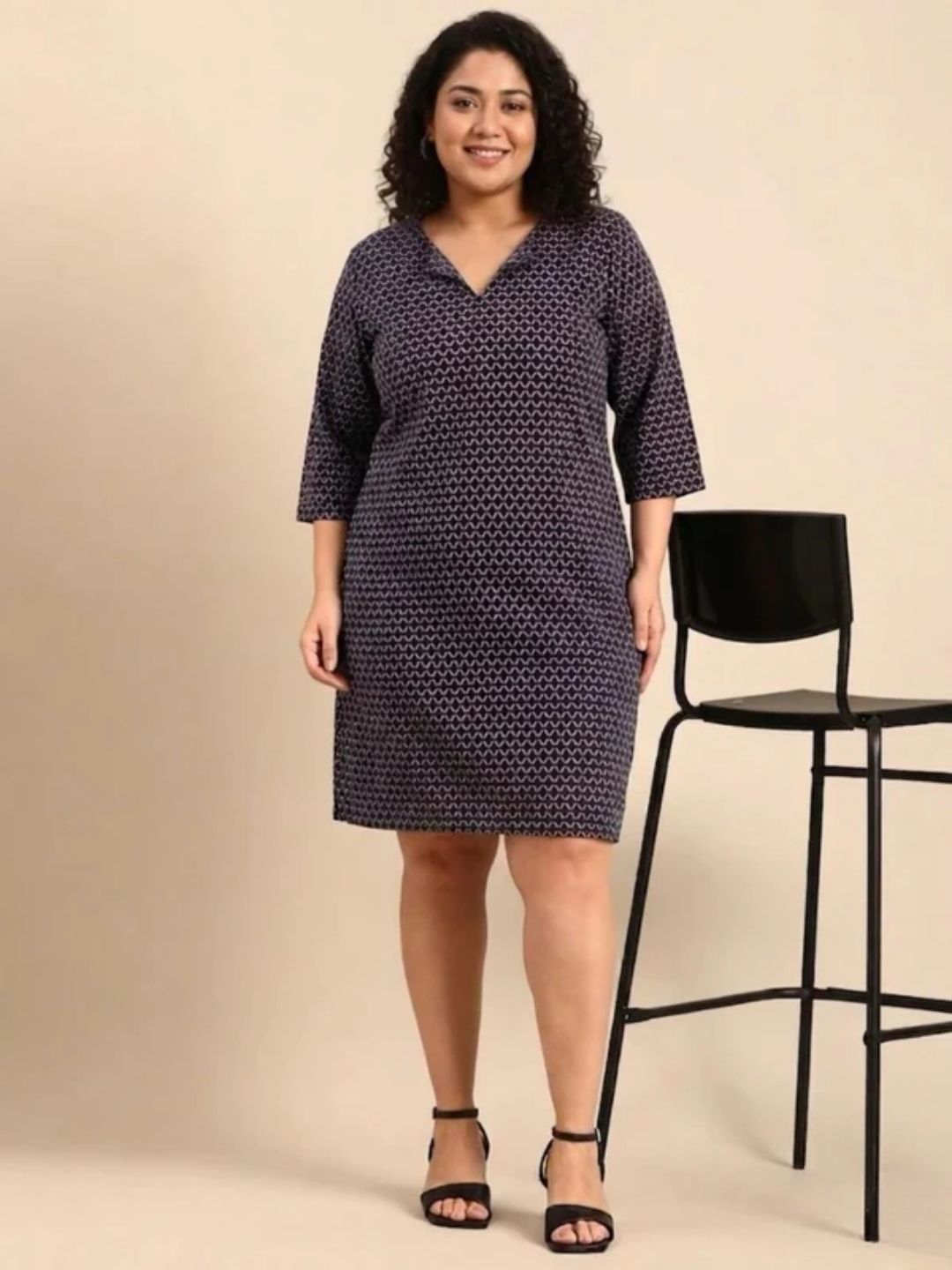 Navy Geometric Printed Sheath Dress