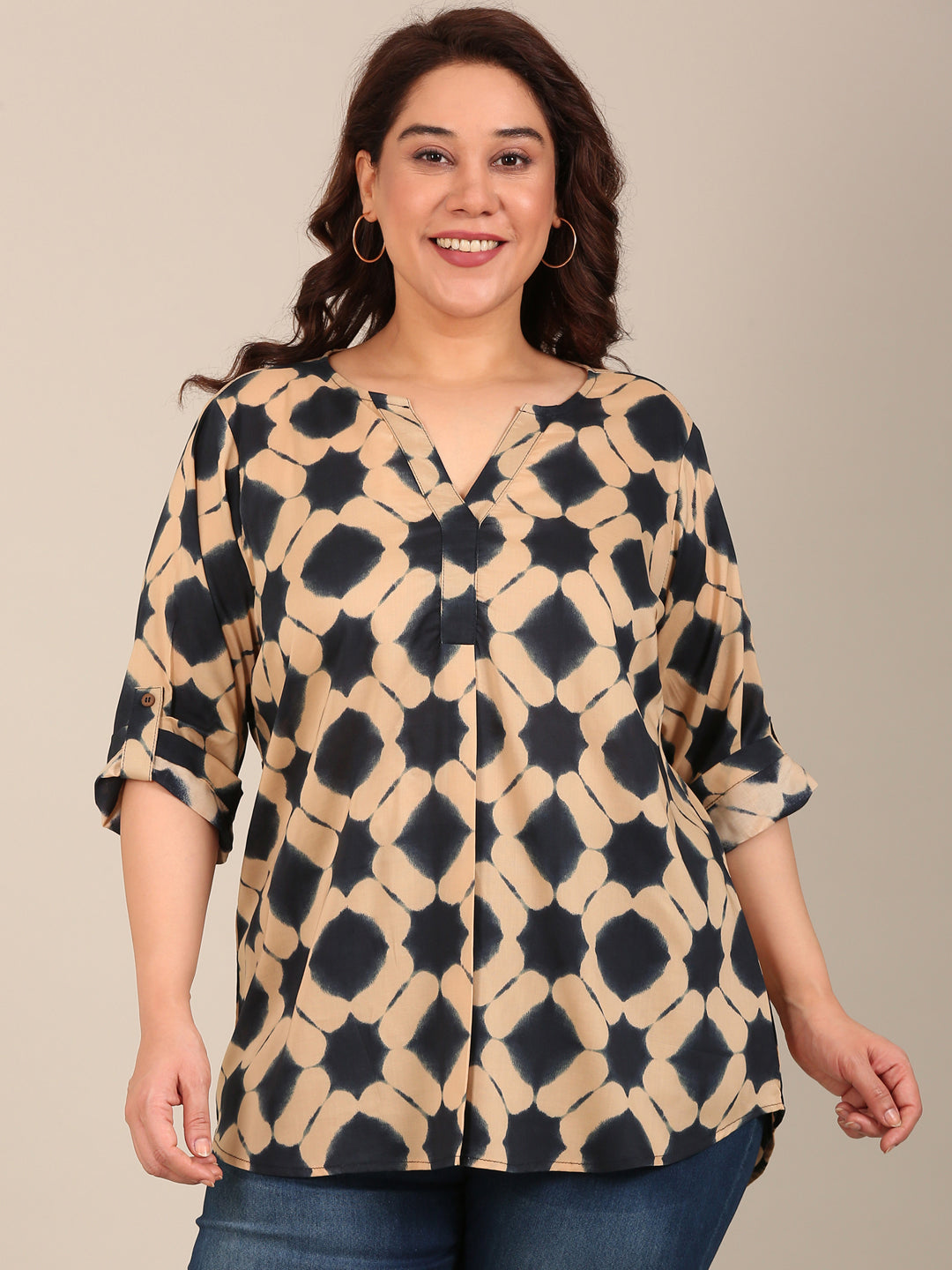 Beige & Black Printed Top