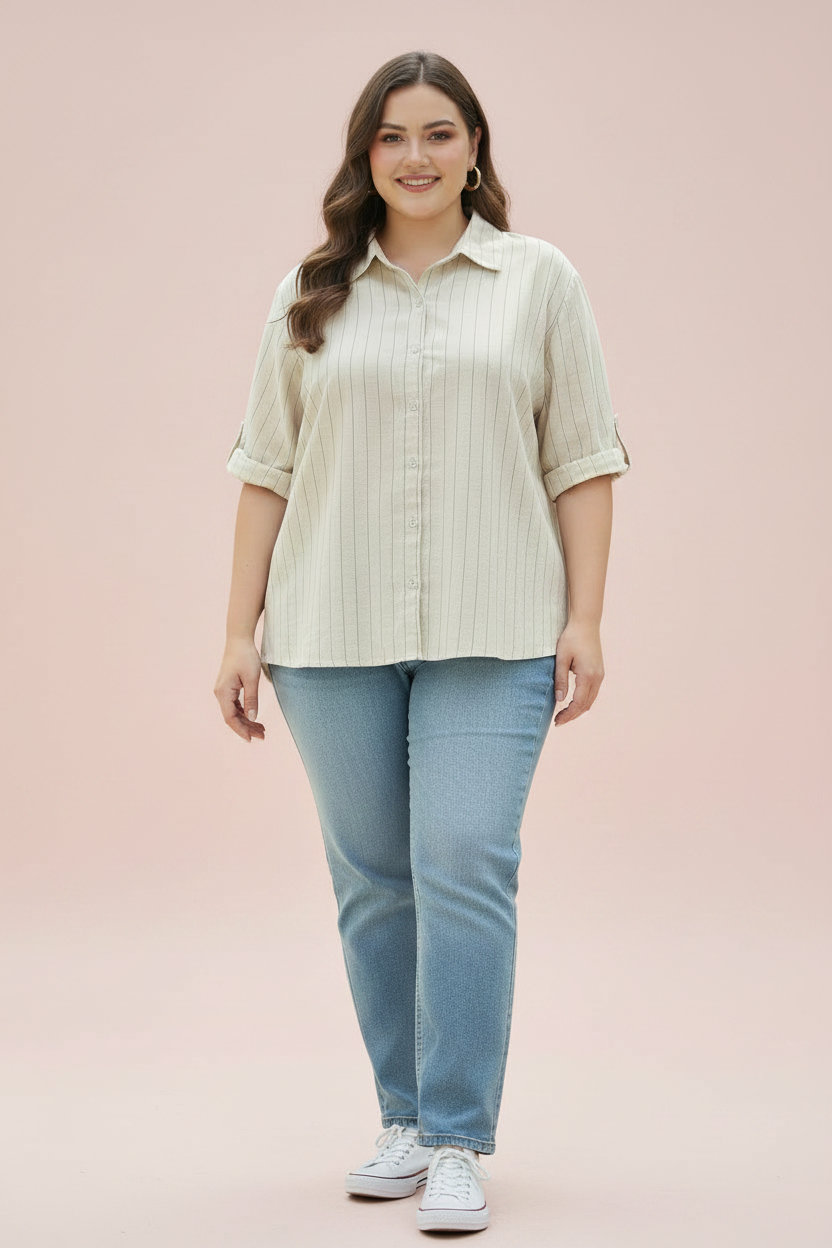 Beige Vertical Stripe Button-Down Shirt