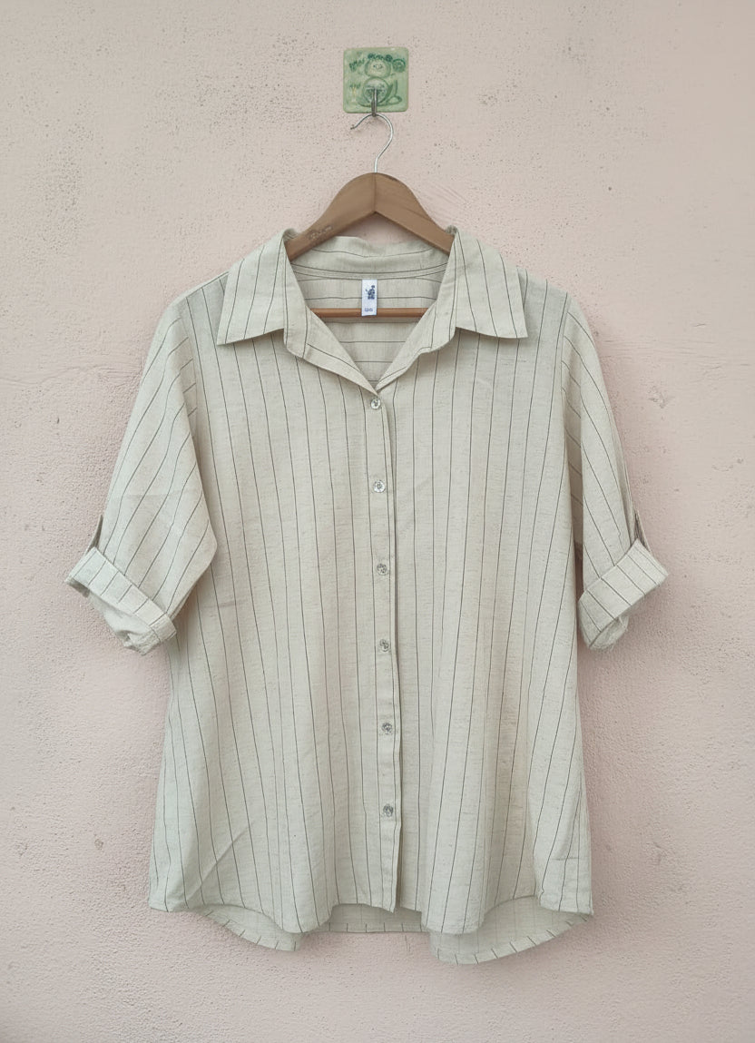 Beige Vertical Stripe Button-Down Shirt