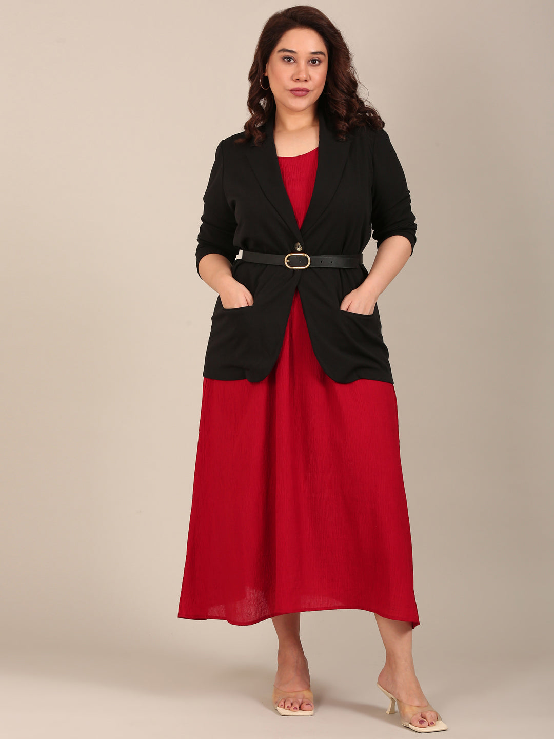Black Blazer & Red Sleeveless Dress Set (2-Piece)