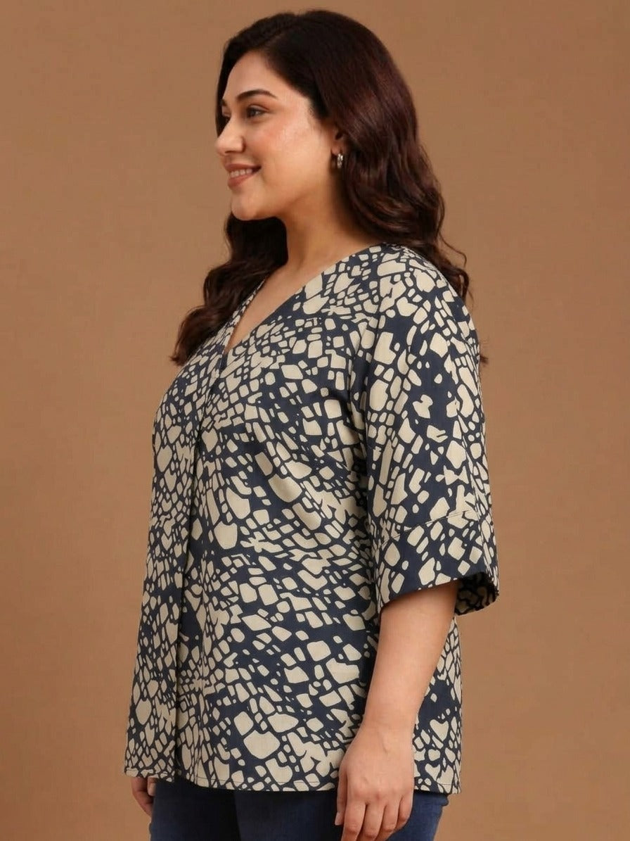 Black Cotton Printed V-Neck Top