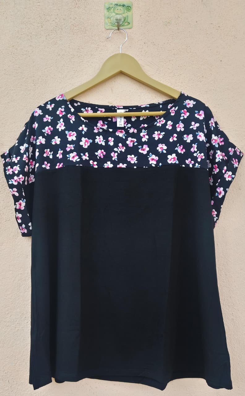 Black Floral Round Neck Top