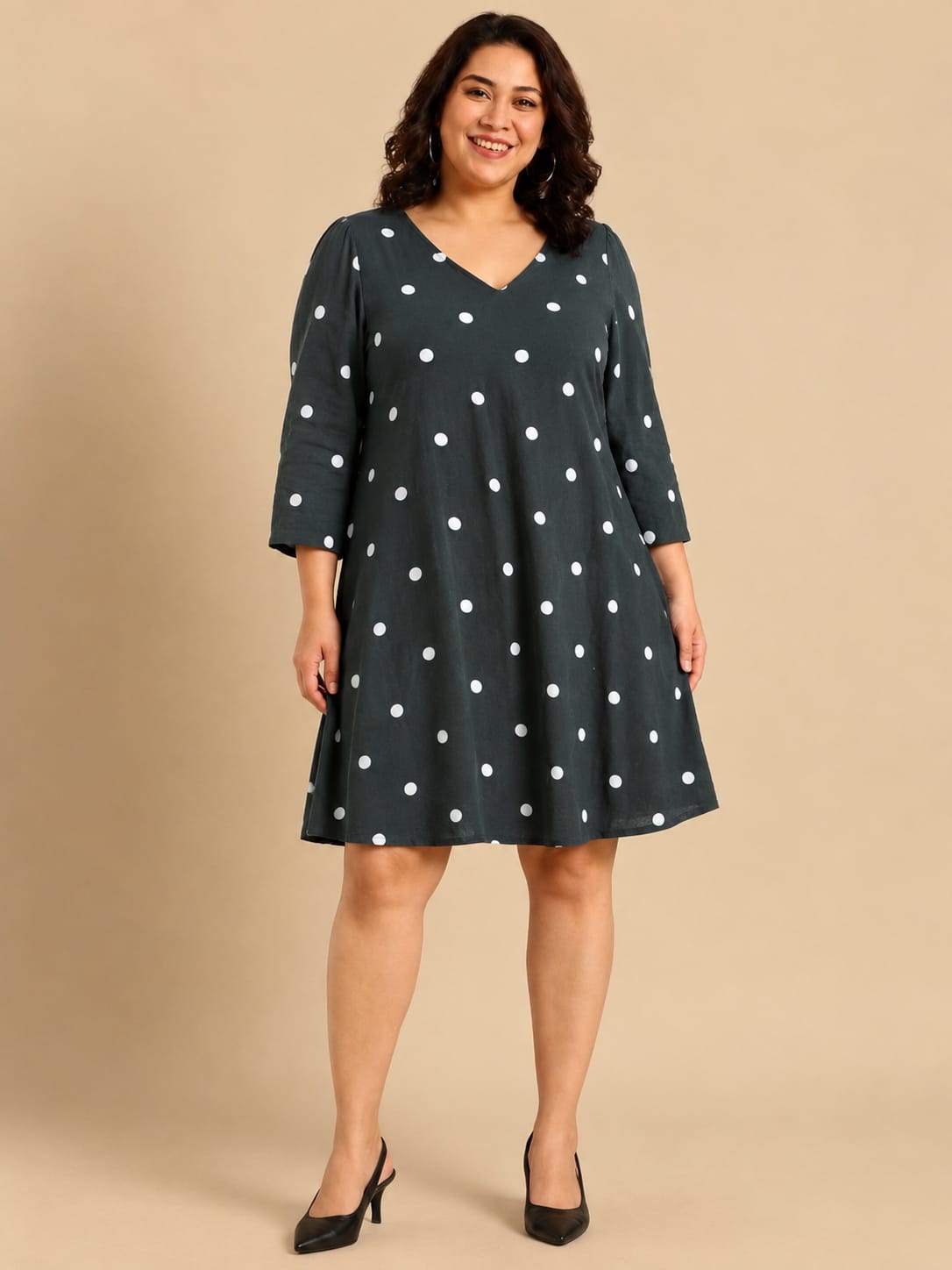 Black Polka-Dot V-Neck Midi Dress