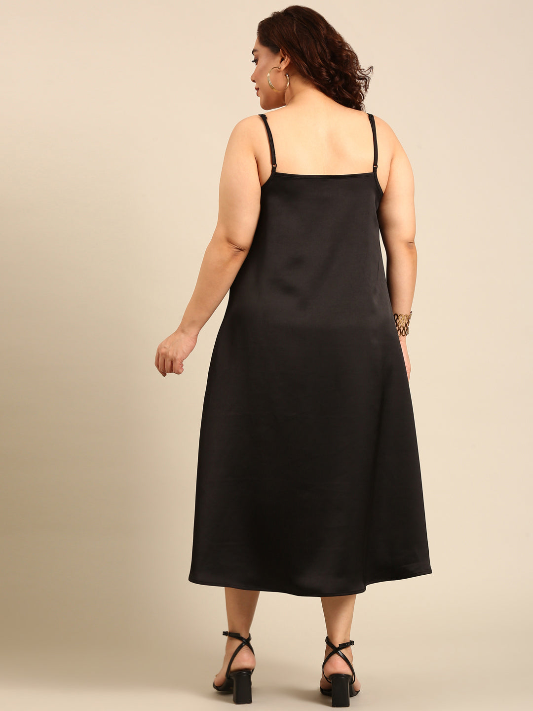 Black Satin V-Neck Strap Dress