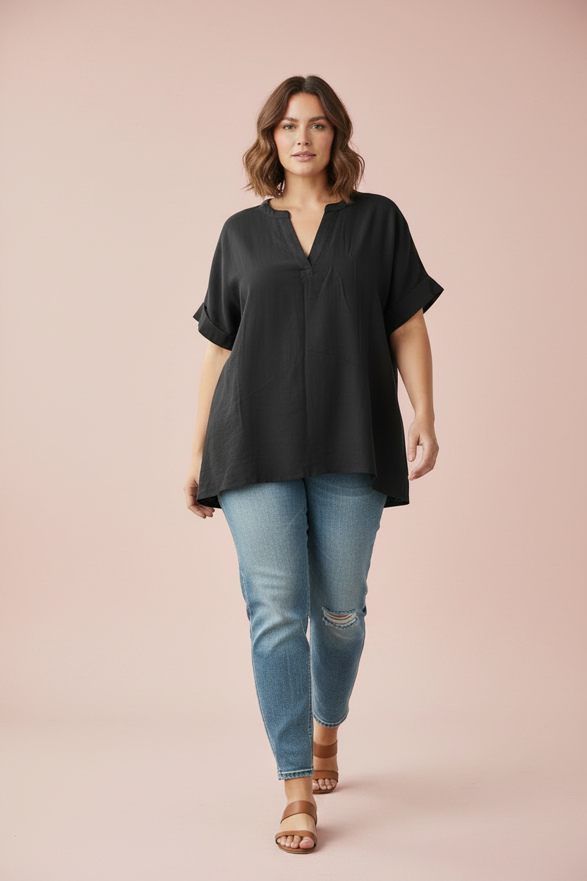 Black Solid V-Neck Top