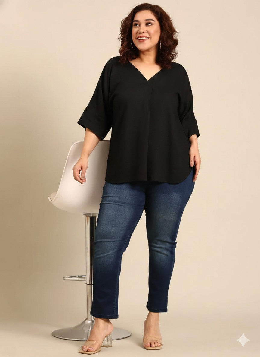 Black V-Neck Drop Shoulder Top