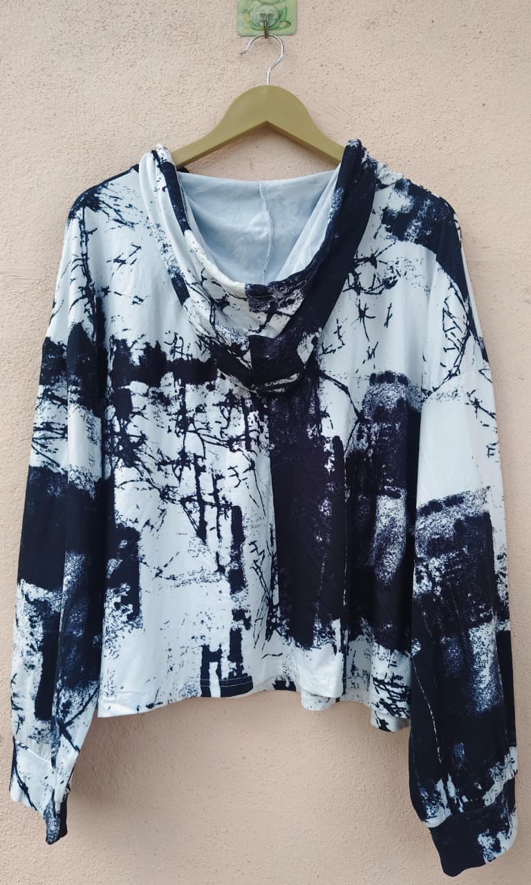 Black & White Abstract Print Hooded Top
