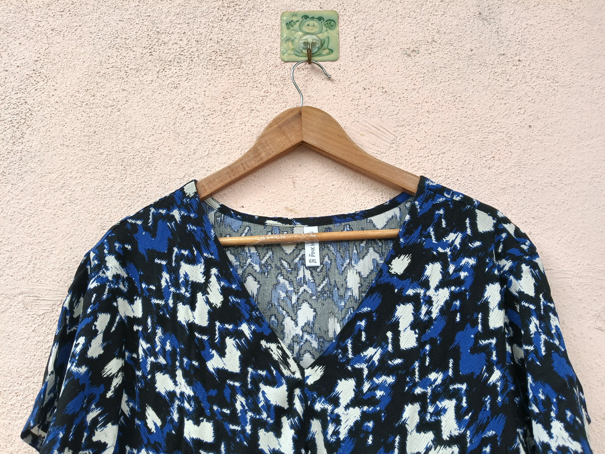 Blue & Black Ikat V-Neck Midi Dress