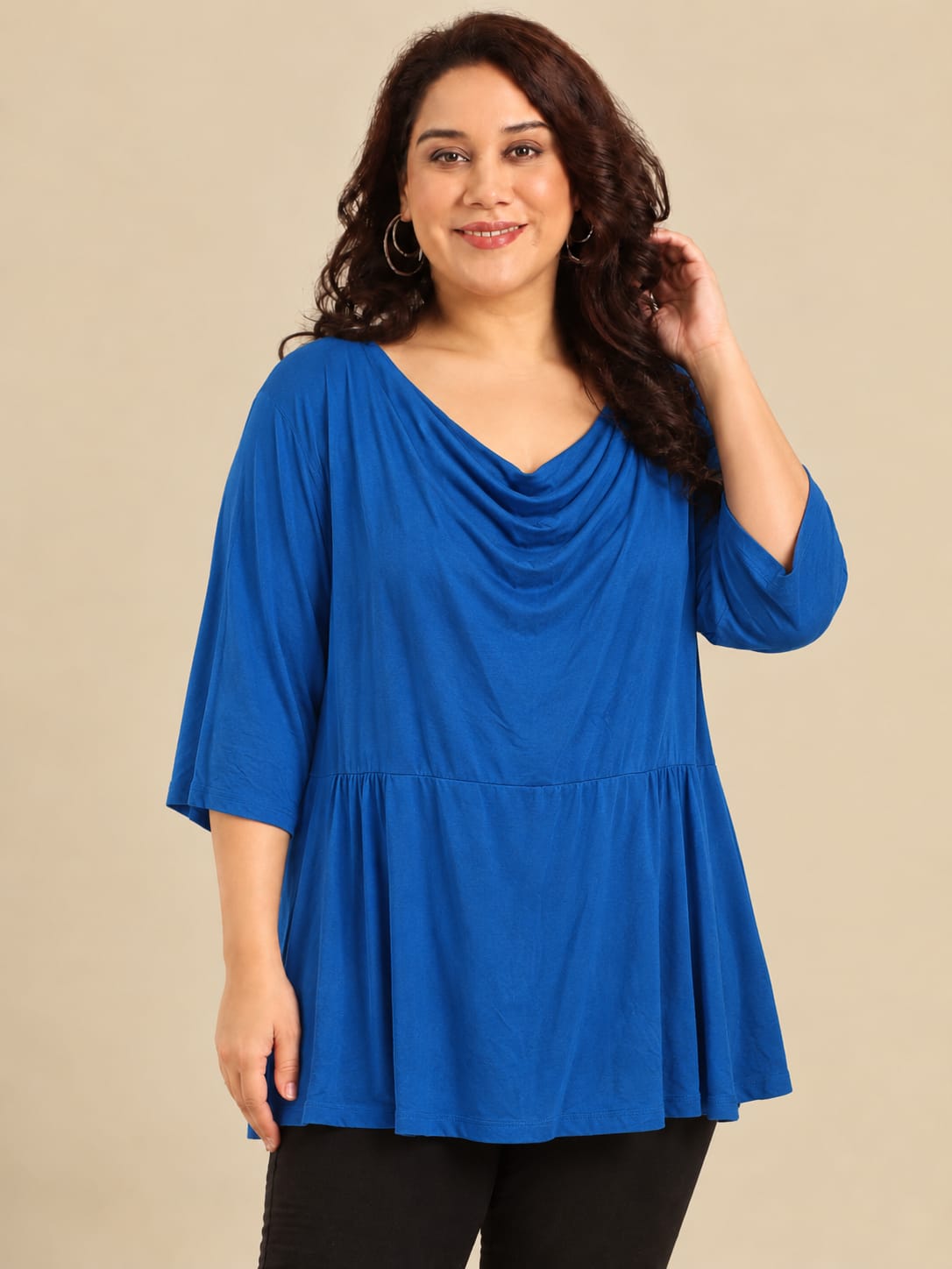 Blue Cowl-Neck Peplum Tunic