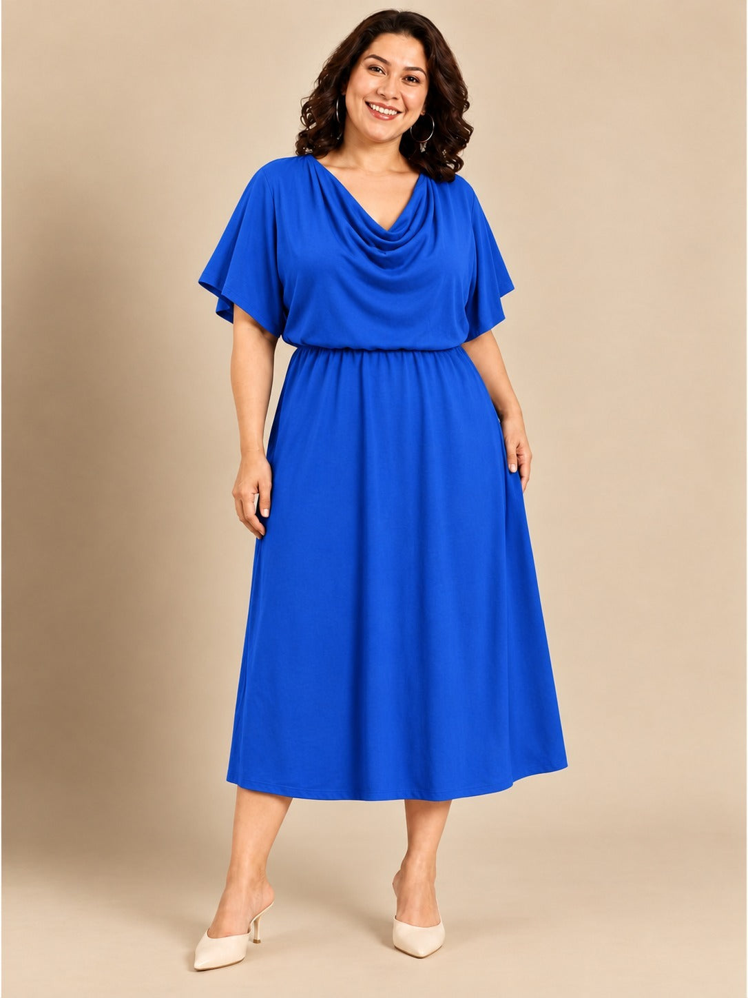 Blue Cowl Neck Midi Dress