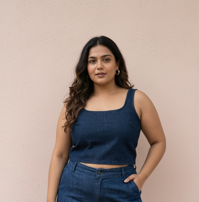 Blue Denim Sleeveless Crop Top