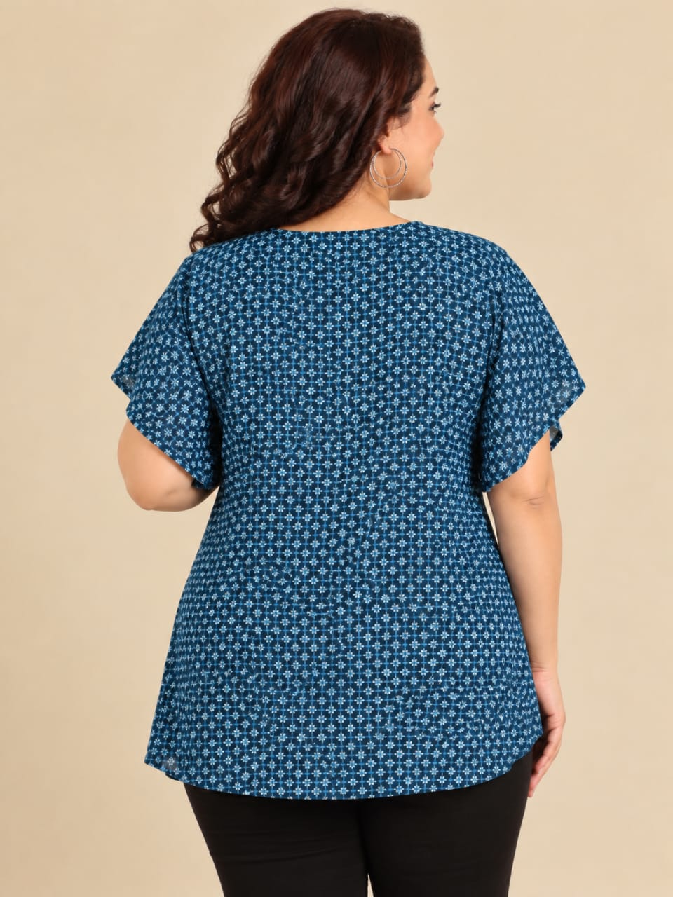 Blue Geometric Print Notch Neck Top