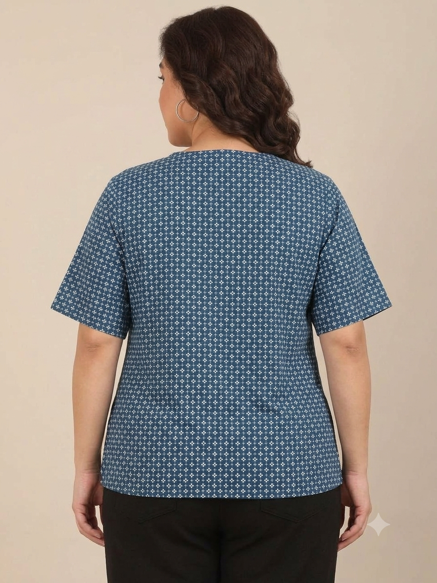 Blue Geometric Print V-Neck Top