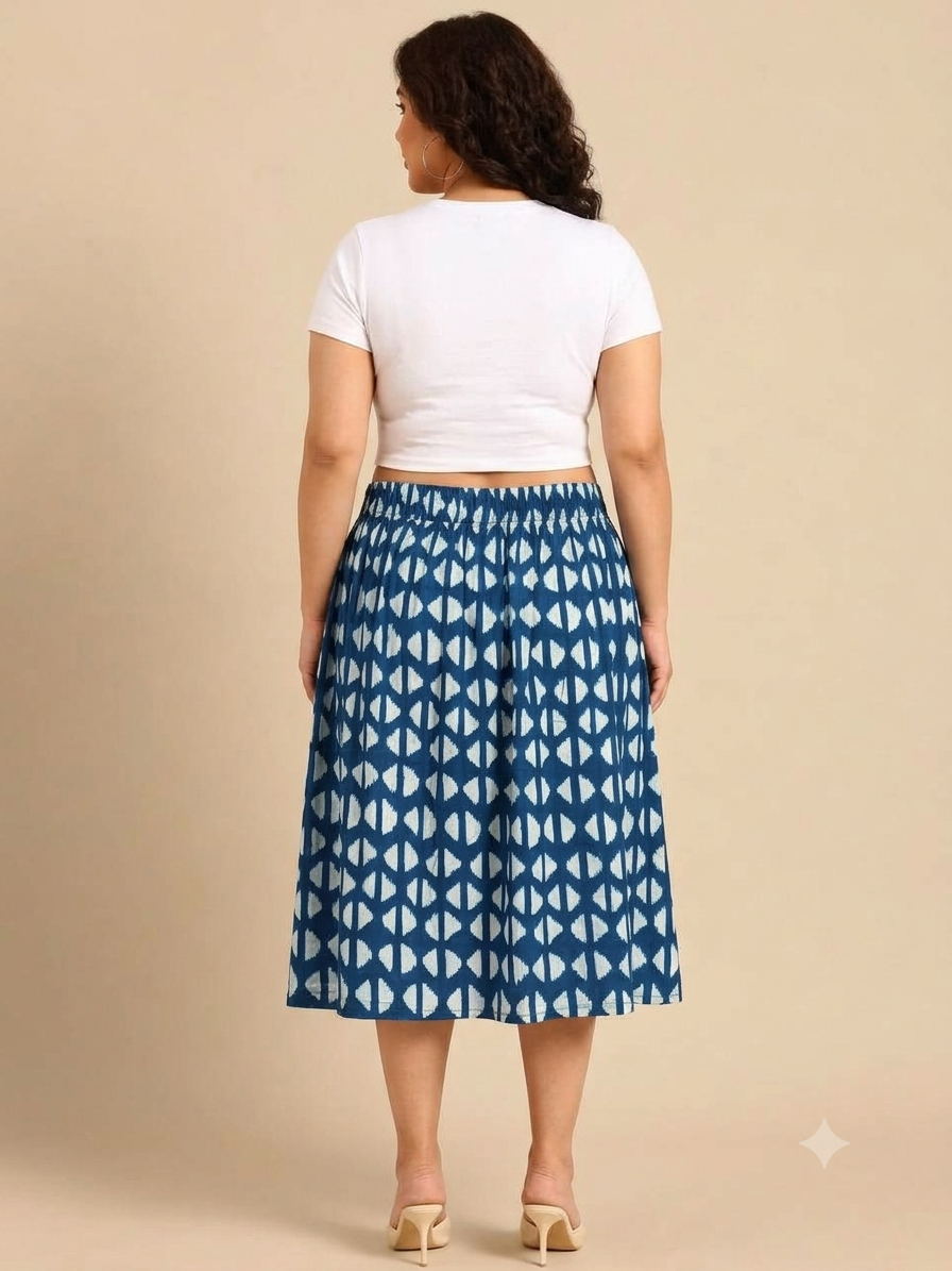 Blue Ikat Print Knee-Length Skirt