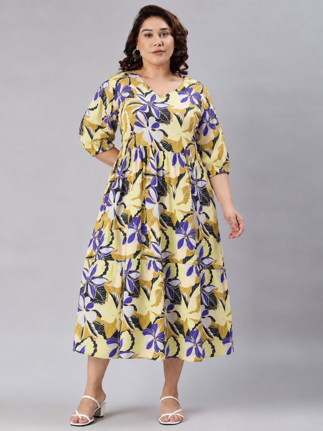 Blue & Olive Floral Tiered Maxi Dress