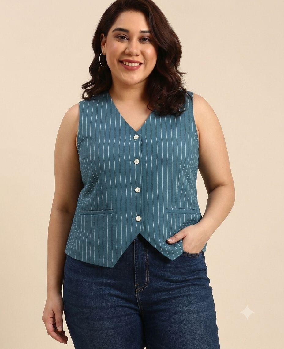 Blue Pinstripe Sleeveless Waistcoat