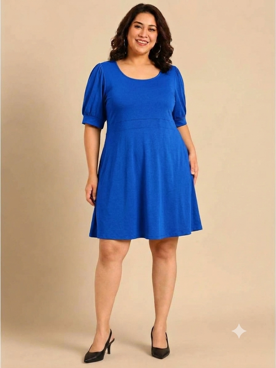 Blue Puff-Sleeves Midi Dress