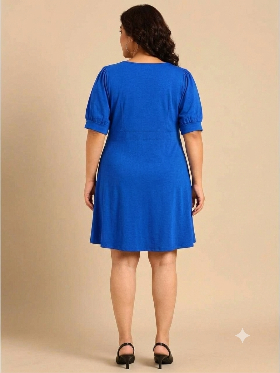 Blue Puff-Sleeves Midi Dress