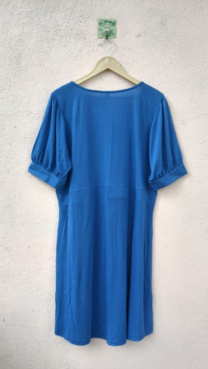 Blue Puff-Sleeves Midi Dress