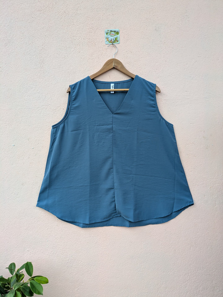 Blue Solid V-Neck Sleeveless Top