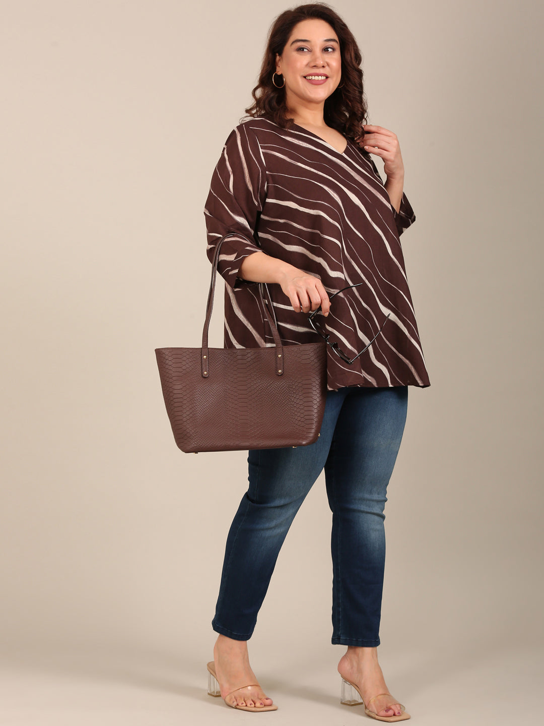 Brown Abstract V Neck Top