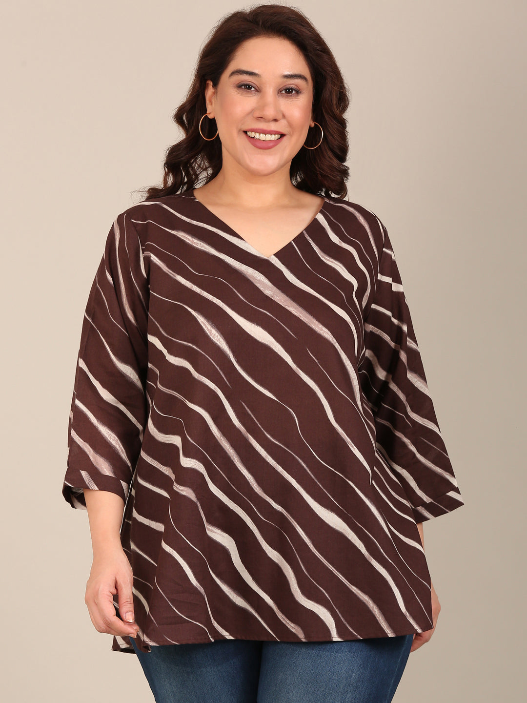 Brown Abstract V Neck Top