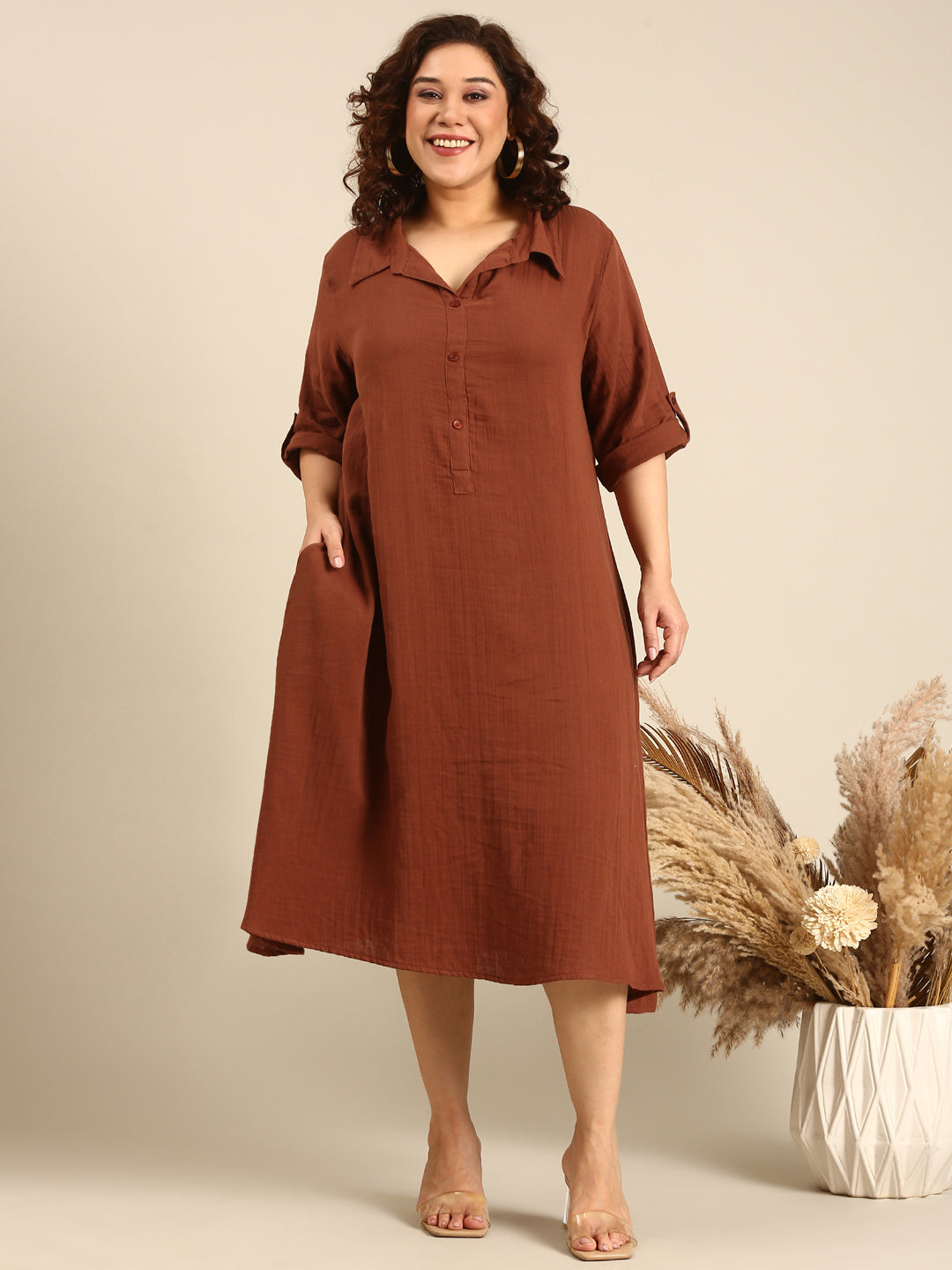 Brown Cotton A-Line Dress