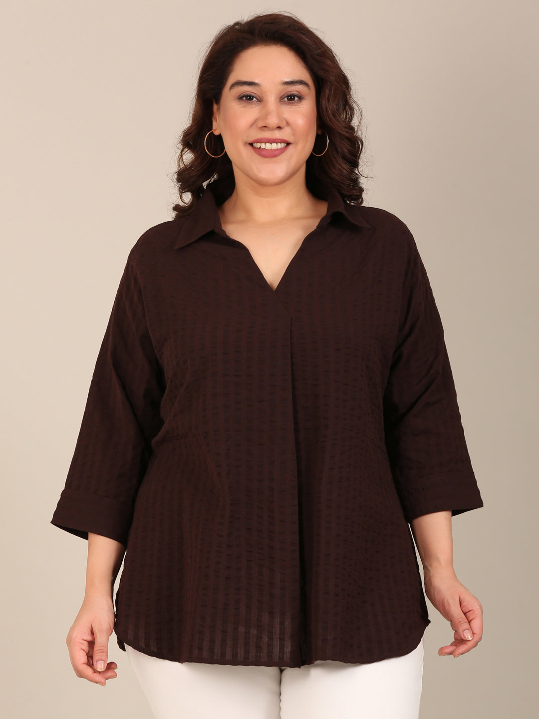 Brown Textured Collar Top