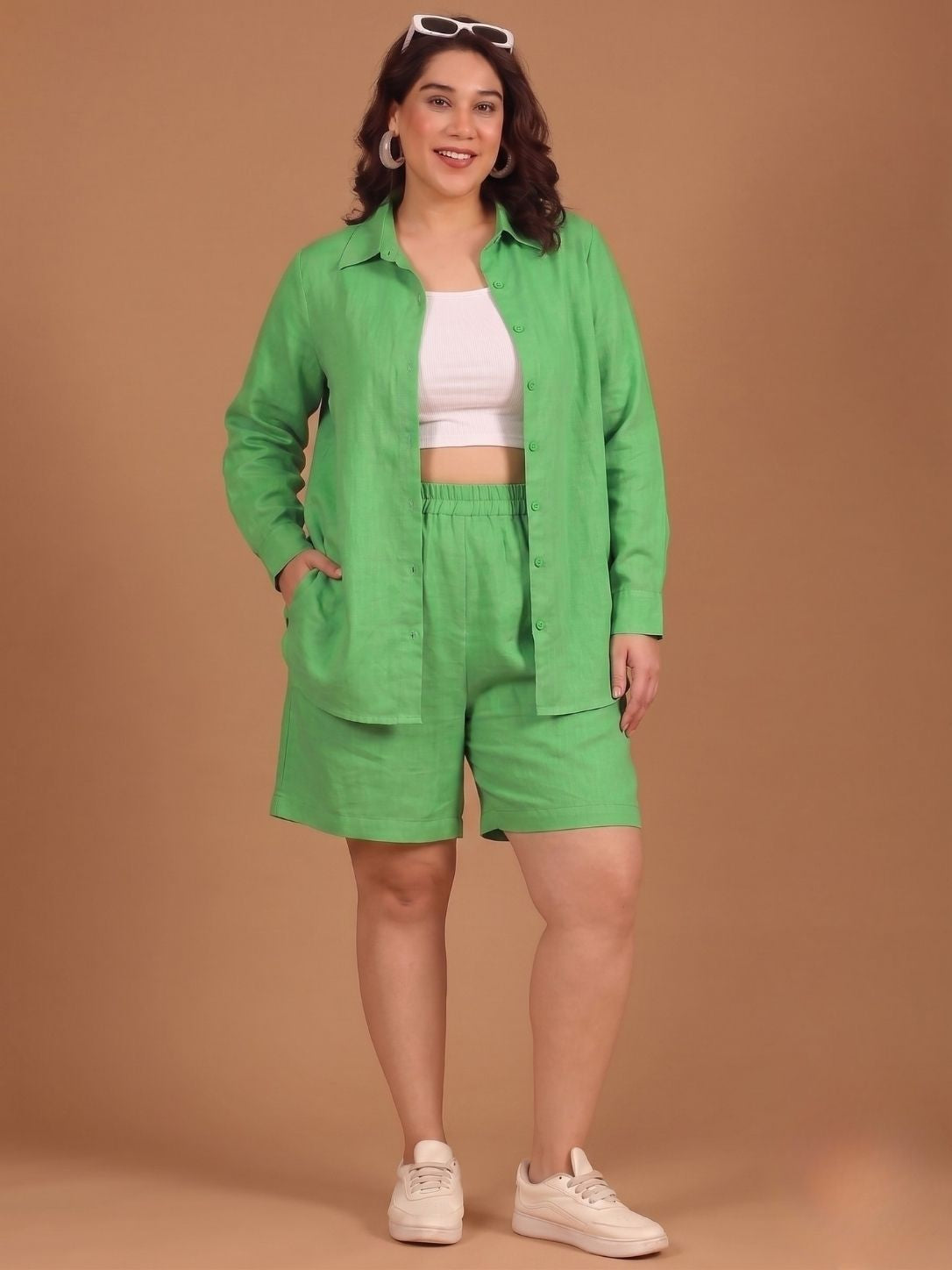 Green Linen Shirt With Shorts Set (2 Piece)