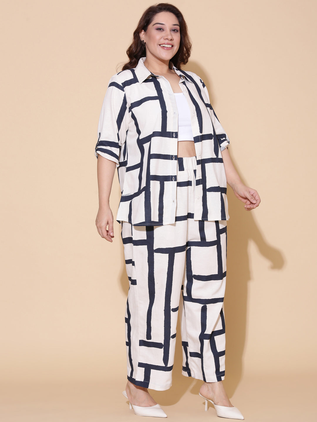 Navy Linen Printed Co-Ord Set (2 Piece)